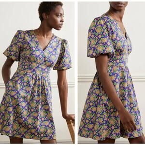 BODEN Ella Puff Sleeve Dress in Atlantic Ocean Wild Blooms Floral Sz 8 Reg {D42}